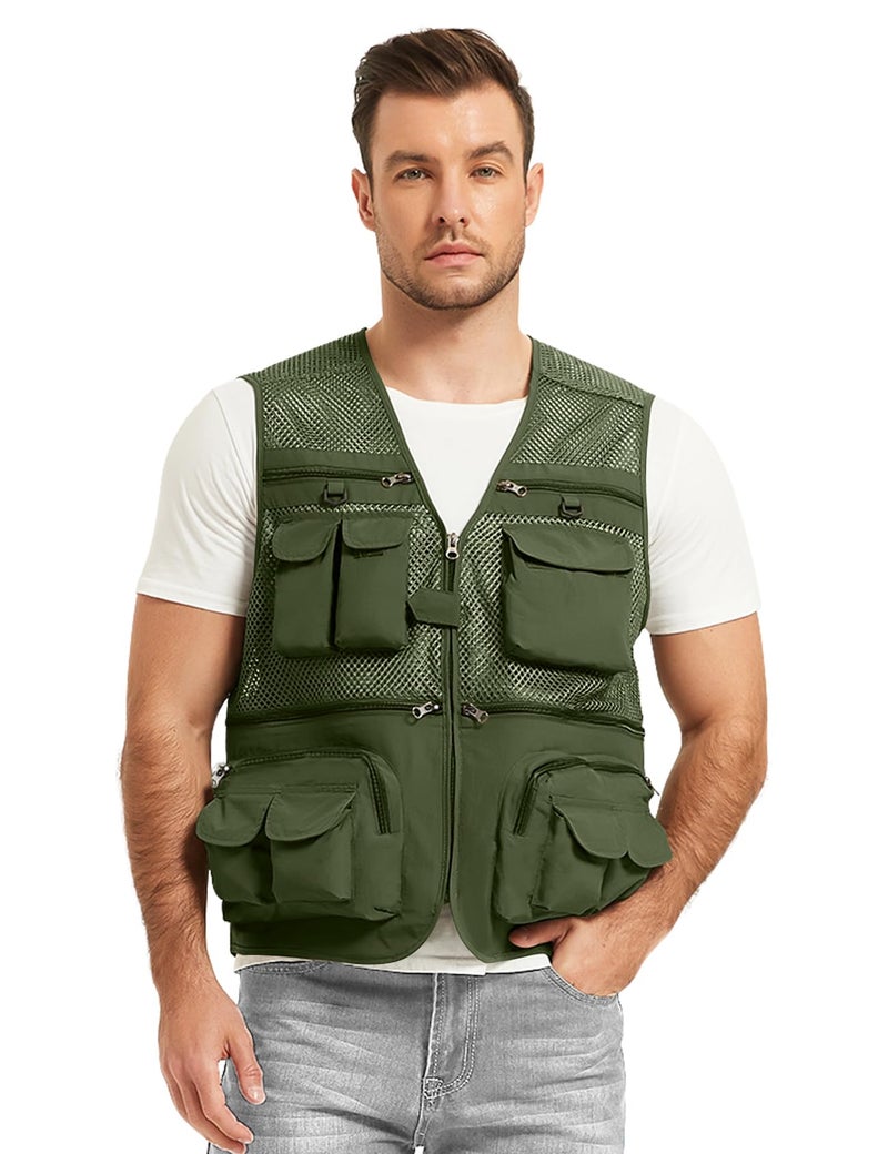 Flygo Men's Fishing Vest Utility Lightweight Outdoor Travel Safari Photo Cargo Vest with 16 pockets mesh Army Green M - Image 3